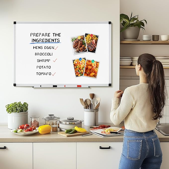 NEWBULIG White Board, 48" x 32" Magnetic Dry Erase Board for Wall with 1 Dry Eraser & 2 Multi-Color Markers & 4 Magnetic Pins, Silver Aluminum Frame for Office, Home, School