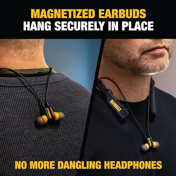 DEWALT Heavy Duty Magnetic Bluetooth Neckband Headphones, Wireless Around the Neck Earbuds w/30H Runtime+Noise Isolation, HandsFree Magnetic Wireless Earphones w/Mic Bluetooth Headsets - Black Edition