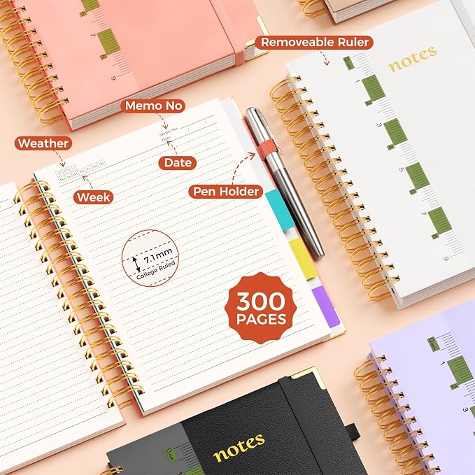 Line Hardcover Spiral Notebook with Removable Dividers Tabs & Ruler, 5 Subject Notebook College Ruled, 300 Page, Large 8"x10" B5 Notebooks for Work School, Lined Journal for Women & Men, White