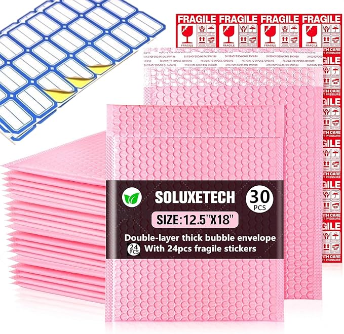 Large Bubble Mailers 12x18'' 30 Pack and 24PCS Fragile Stickers Pink Thick Waterproof Padded Poly Envelopes Bubble Wrap Mailers Self Seal Shipping Bag for Small Business Shipping Envelope Mailers #5