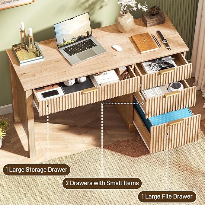 Vabches Fluted Executive Desk with Drawers, Wood Computer Desk with Ample File Drawer, Home Office Desk with Storage for Study, Bedroom, Living Room, Oak