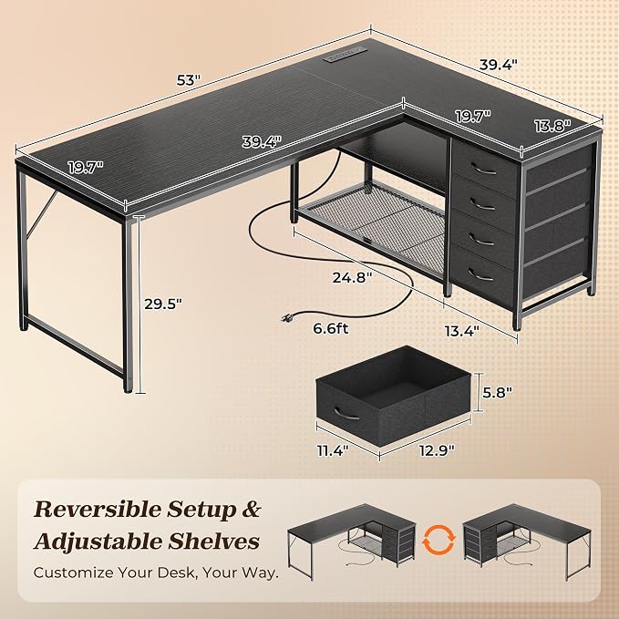 53" L Shaped Desk with Power Outlets & 4 Drawers | Reversible Computer Desk with 2 Storage Shelves, Large Corner Office Desk for Gaming Writing Work Study, Black