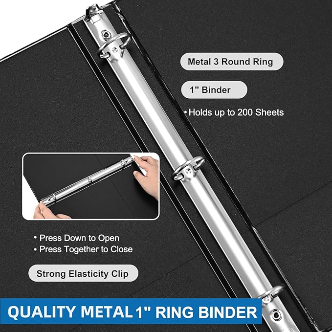 Durable 1 inch 3-Ring Binder, 1" Round Ring Binder with 2 Inside Pockets, Bulk Basic Binders, Clear View Cover 1-inch Binders Holds 8.5'' x 11''Paper for Office/Home/Back to School（Pack of 12, Black
