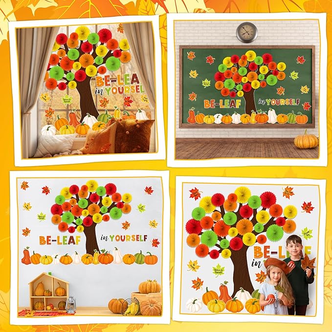 81 Pcs Fall Thanksgiving Tree Bulletin Board for Classroom Be Leaf in Yourself Thanksgiving Tree Bulletin Board Decorations 3D DIY Paper Fans Pumpkin Cutouts Autumn School Home Wall Decor