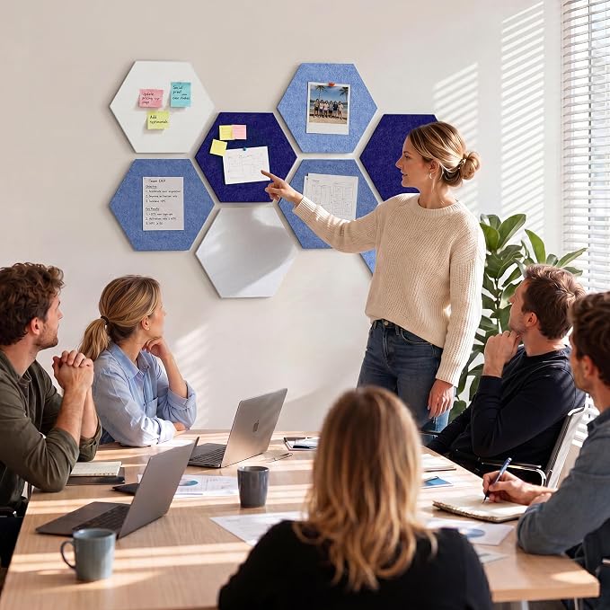 8-Pack Hexagon Felt Bulletin Board Tiles, Cork Board Alternative | For students and teachers creating vision boards in homes, offices, dorms or classrooms; includes 40 tabs and 30 push pins