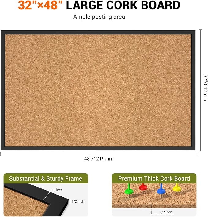 Cork Board Bulletin Board with Black Wood Frame， 32 x 48 Large Corkboard Pin Board for Wall,Office,Home and School