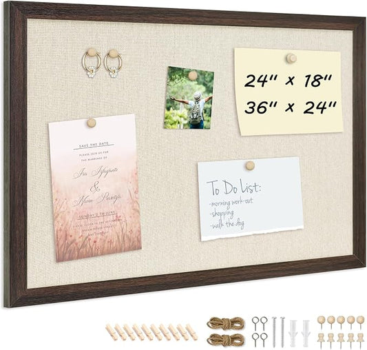 DOLLAR BOSS Bulletin Boards with Linen, 24"x18" Cork Board, Dark Walnut | Double-Sided Corkboards for Walls, Decorative Pin Board, Photo Display, For Office Home School Dorm, 10 Pushpins 10 Clips