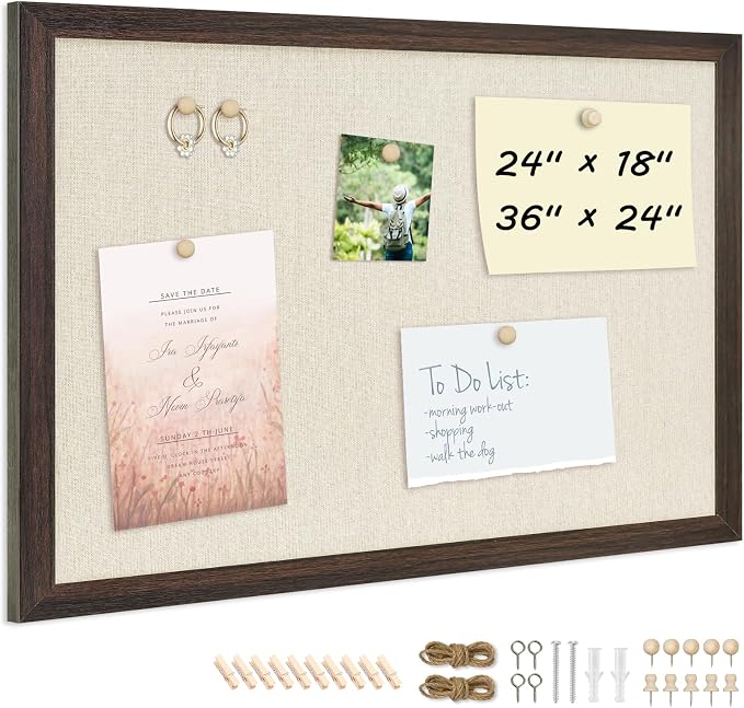 DOLLAR BOSS Bulletin Boards with Linen, 36"x24" Cork Board, Dark Walnut | Double-Sided Corkboards for Walls, Decorative Pin Board, Photo Display, For Office Home School Dorm, 10 Pushpins 10 Clips