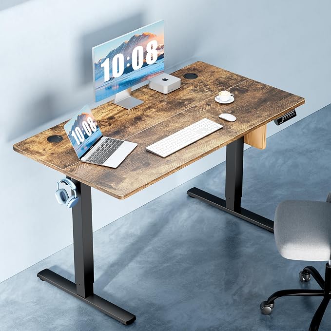 DUMOS 63 Inch Electric Standing Desk, Memory Adjustable Home Office Desk | Sit Stand Up Desk for Work Home Office,Adjustable Desk, Rising Computer Table with Splice Board,Cable Management,Hook,Brown