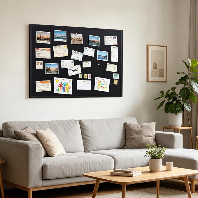 SELEAD Double-Sided Linen and Cork Bulletin Board (36"x24", Black) | 2-in-1 Fabric Linen & Cork Pinboard, White Wood Frame Wall Decor Photo Display Vision Board for Home Family, Office, Business