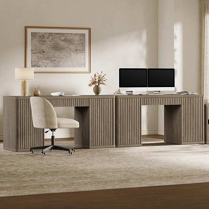 SICOTAS 61" Large Office Computer Desk with Storage Modern Home Office Desks with Drawer & Doors Fluted Desks Executive Desk Wooden Writing Table Vanity Table for Living Room Bedroom, Grey Alder