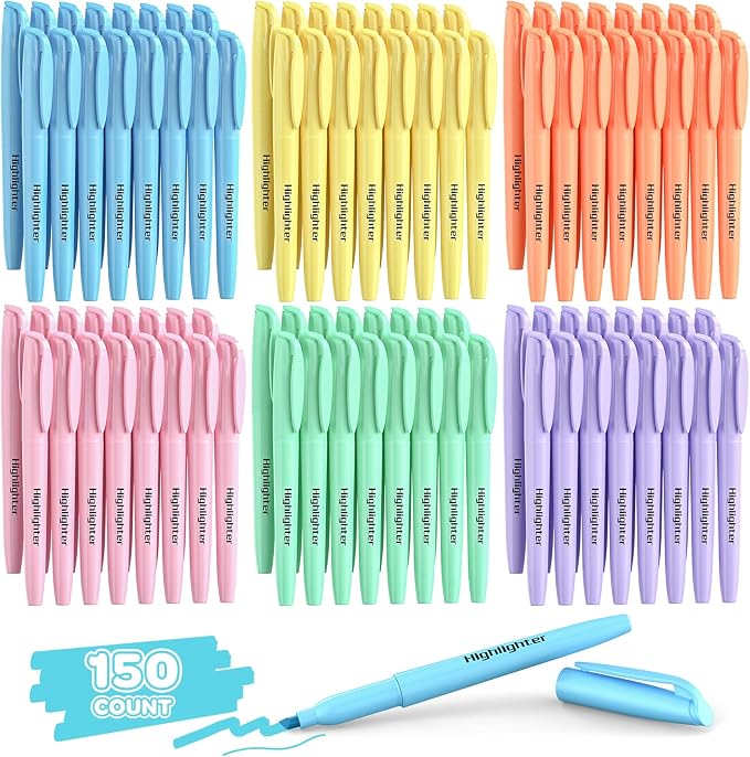 150 Count Pastel Highlighters Assorted Colors Bulk - Chisel Tip, Quick Dry, 6 Pastel Colors, School Supplies for Students Teachers, No Bleed Markers Set for Notes, Textbooks, Classroom and Office Use