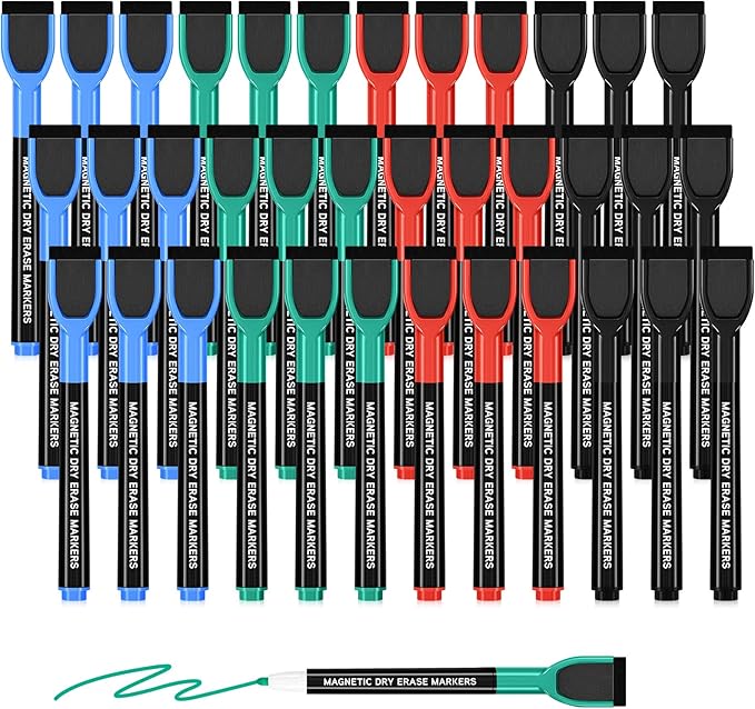 Magnetic Dry Erase Markers with Eraser Caps, 1-2mm Bullet Tip, Low Odor Quick Dry Ink, 4 Colors Black Blue Red Green, Whiteboard Marker Set for Fridge Calendar Office, 36 Count