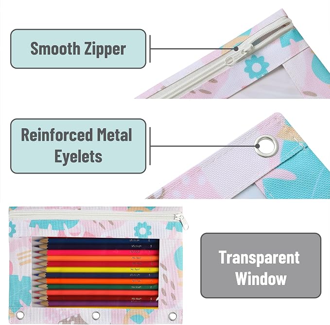 Mr. Pen- Pencil Pouch for 3 Ring Binder, 2 Pack, 10"x6.75", Smooth Zipper | Clear Window, Large Capacity Pencil Case with 3 Reinforced Grommets for School, Office, Supplies Storage