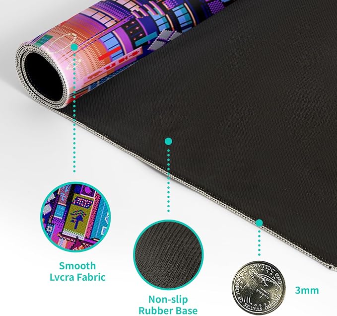Dark Purple Japanese Gaming Mouse Pad Abstract Anime Mat 27.6x11.8 Inch Tokyo Pixel Street Texture Non-Slip Rubber Base Kawaii Mousepad Stitched Edges Keyboard Desk Pad for Office and Home Game