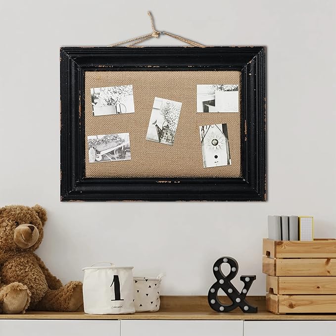 SOFE Hanging Linen Small Bulletin Board, 15.7×12 Inches Decorative Cork Boards for Walls with Black Frame, Wood Vision Board Farmhouse Pin Board for Home Office School, Rustic Memo Board Display Photo