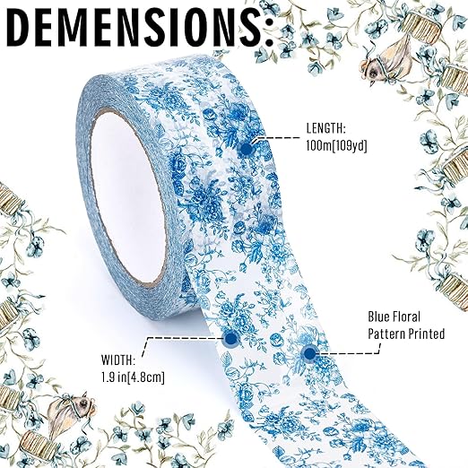 Whaline 109 Yard Blue Floral Packing Tape Chinoiserie Flower Pattern Tape Vintage Floral Waterproof Shipping Tapes for Small Business DIY Crafts Box Carton Decor