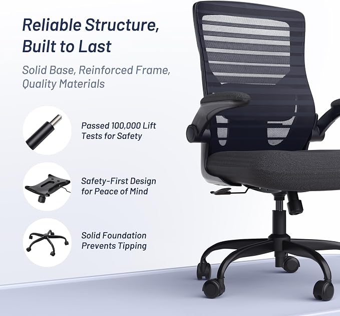 Office Desk Chair for Long Hours & Lower Back Pain Relief – 4“ Thick Molded Foam Cushion, Enhanced Lumbar Support, Padded Flip-up Armrests, Ideal for Office or Study (Black)