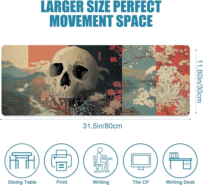 Japanese Skeleton Gaming Mouse Pad, Desk Mat, XL Extended Big Large Mousepad with Non-Slip Rubber Base, Laptop Computer Keyboard Mat Office&Home, 31.5x11.8in, Skull