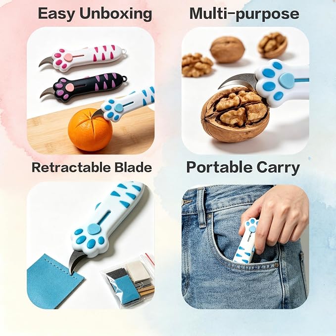 Cat Paw Box Cutter 3-Piece Set, Retractable Cat Claw Knife with Cute Paw Handle, Portable Utility Box Opener for Home Office Package Carton & Tape Cutting