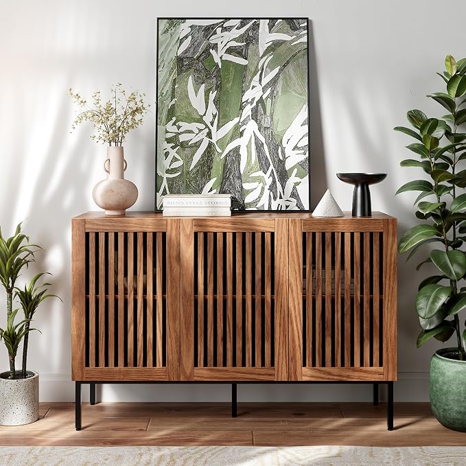 BVIUNTWO Buffet Cabinet, Modern Credenza Storage Cabinet with Adjustable Shelves and Metal Base, 47 Inch Wood Multifunctional Console Table for Kitchen, Living Room, Entryway, Brown