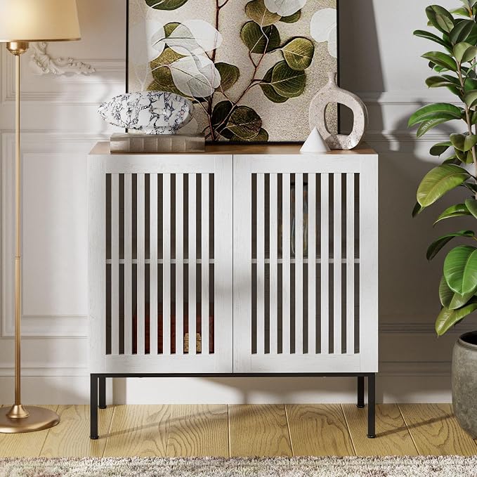BVIUNTWO 31.5" Farmhouse Buffet Cabinet with Metal Base, Adjustable Shelf & 2 Doors, Antique White Storage Sideboard for Kitchen, Dining & Living Room