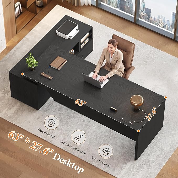 70.9" L Shaped Executive Desk with Power Outlets, Home Office Desk with Movable File Cabinet & Drawer, Modern Corner Computer Desks with Large Storage Cabinet, Black Business Furniture