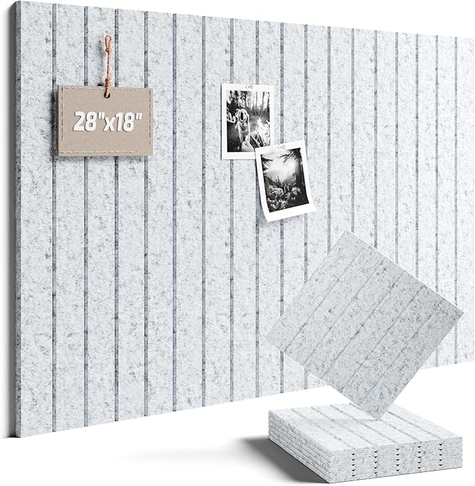 28" x 18" Felt Bulletin Board Tiles, Fine Stripe, Light Gray | 6-Pack Cork Board Alternative, 30 Adhesive Tabs, Push Pin Board, Wall Decor, Office, Home, Classroom, Dorm