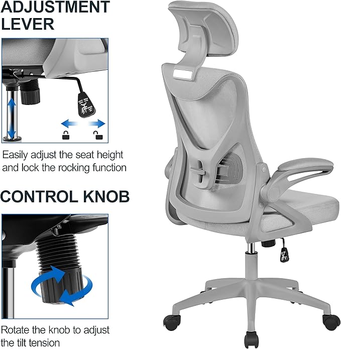 Yaheetech Ergonomic Mesh Office Chair, High Back Desk Chair with with flip-up Armrests, Adjustable Padded Headrest Computer Chair with Lumbar Support for Home Oiffce Game Room, Full Gray