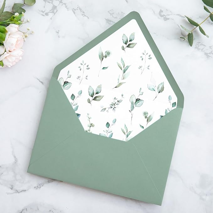 PONATIA 50PCS A7 Euro Flap Envelopes, 5.25 x 7.25'' Liner Envelope For 5x7'' Weddings Invitation Cards, Christmas Gift Cards, Acrylic Invitations, Photos (Sage Green & Green Leaves)