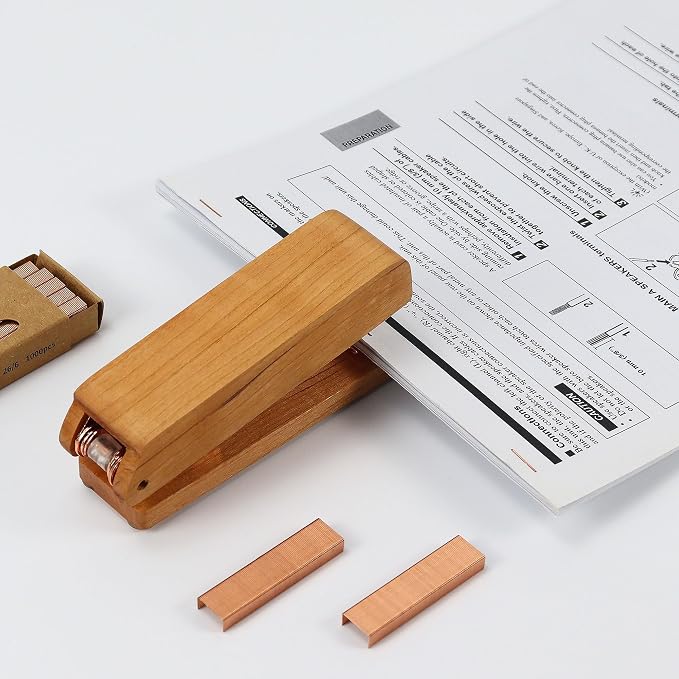 MultiBey Natural Cherry Wood Desk Stapler - 25 Sheet Capacity | Jam-Free Desktop Stapler with 1000 Staples, Retro Woodgrain Stapler Desk Accessories for Office, Home