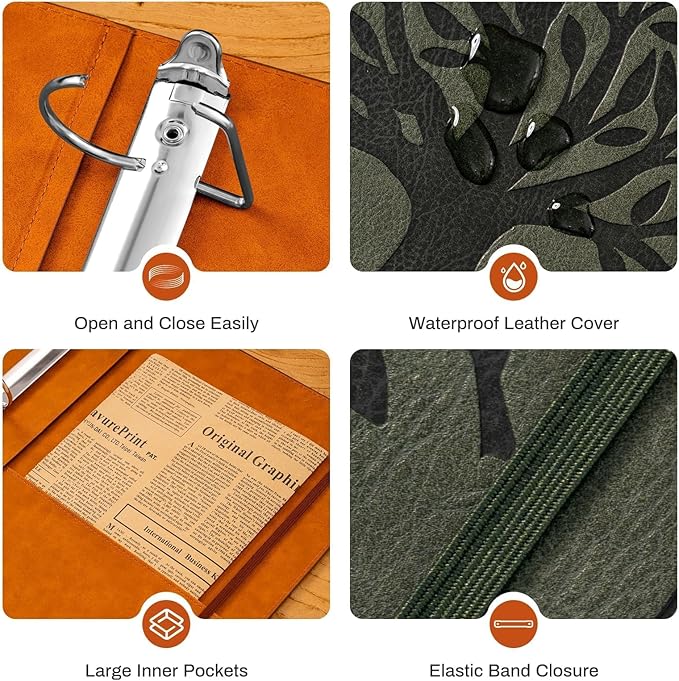 Leather D Ring Binder Fits 8.5"x11" Letter Size Paper, 1.5 Inch D-Ring Binders Holds 400 Sheets, Notepad Paper Cover Loose Leaf Organizer with Inner Pockets, Green Tree