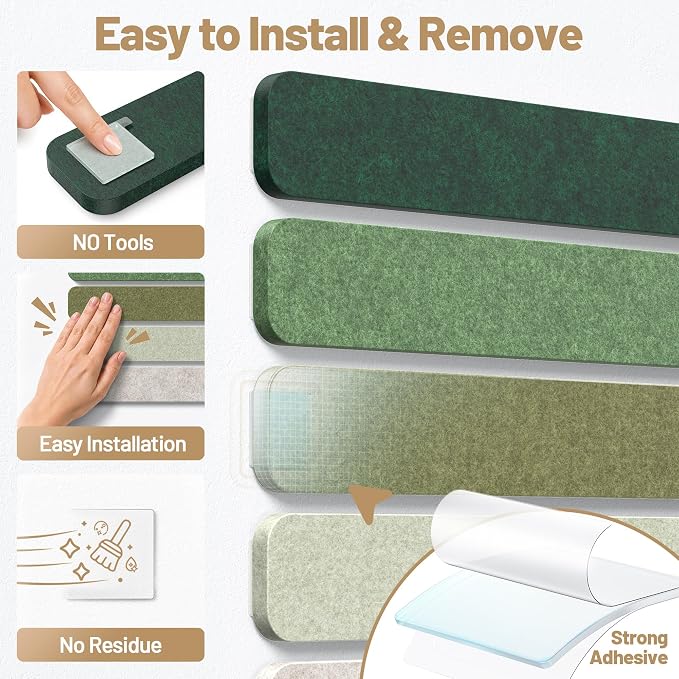 10 Pack 13"x2" Cork Board Strip with Removable Adhesive Squares & Push Pins | Pin Board Alternative Felt Strip Bulletin Board, Felt Board for Photo & Note Display, Home Office Decor - Nordic Moss