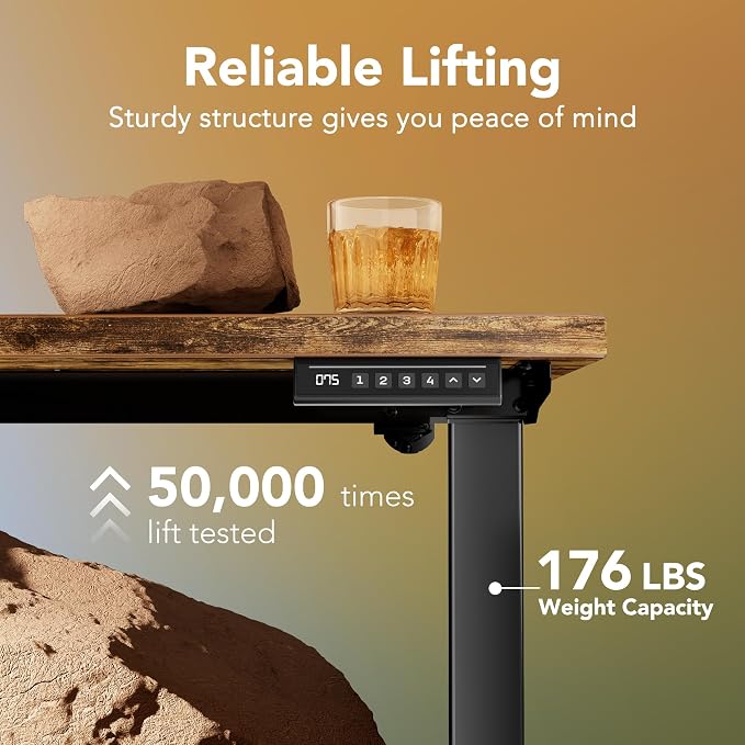 HUANUO 48x24 Inch Electric Standing Desk, Height Adjustable, Rustic Brown | 176 Lbs Capacity, Smooth Home Office Desk, 4 Memory Presets & Headphone Hooks, 28.3–46.5 Inch Height Range, Easy to assemble