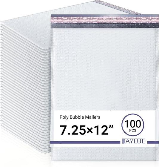 White 7.25x12 Inch Poly Bubble Mailers #1 | Self Seal Padded Envelopes | Air Cushioned Bubble Mailer | Usable Size 7.25x11 Inch | 100 Pack Bulk | Waterproof | Lightweight Mailing Shipping Bags