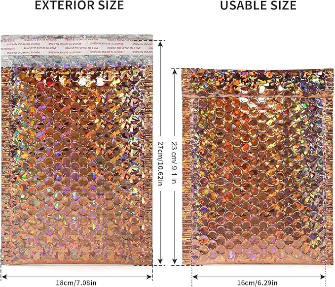30 PCS 7 x 11 Inch Holographic Mailer, Mailing Envelopes Bubble Padded, Poly Bubble Mailers Padded Envelope Waterproof, Self Sealing Cushion Envelopes for Mailing Packing Shipping (Gold)