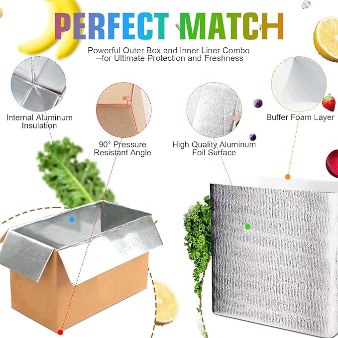 2 Pack Hot & Cold Double Insulated Shipping Box with Aluminum Foil Insulated Bag Liner, Reusable Hot & Frozen Food Delivery Insulated Carton for Shipping, Mailing, Packing, 9.8x5.8x7.5 Inch