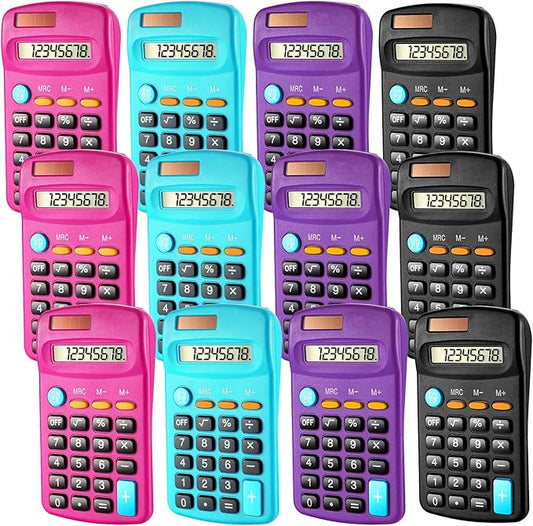 12 Pack Pocket Size Mini Calculator Basic Calculator for Students 8 Digit Display Solar Battery Dual Power Small Desktop Home Office School Students Kids, 4 Colors