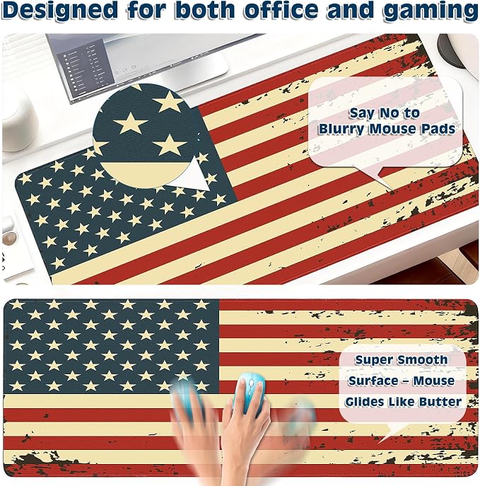Gaming Desk Mat with Silky Smooth Surface & Exquisite Patterns,31.5x11.8 Inches Large-Sized Mouse Pad, Perfect for Extended Gaming,Work,and Home Office Decor (American Flag 2)