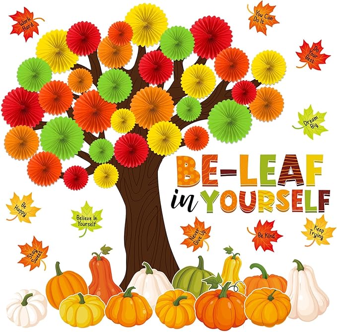 81 Pcs Fall Thanksgiving Tree Bulletin Board for Classroom Be Leaf in Yourself Thanksgiving Tree Bulletin Board Decorations 3D DIY Paper Fans Pumpkin Cutouts Autumn School Home Wall Decor