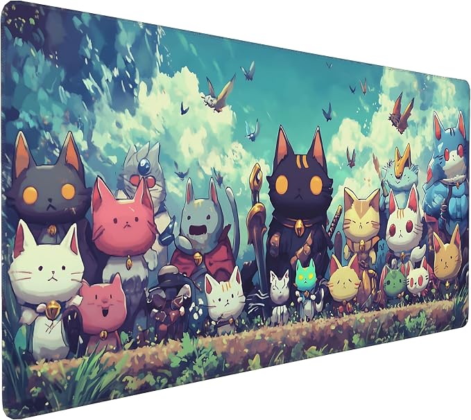 Cute Anime Cats Gaming Mouse Pad, Colorful Anime Desk Mat with Anti-Slip Base & Stitched Edges,35.4" x 15.7" in Table Mat for Computer Desktop, Beautiful Workstation Decor
