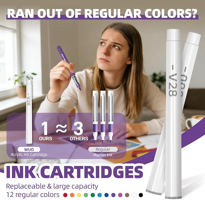 WUO 36 Colors Acrylic Paint Markers, Water-Based No-Bleed Brush Tip Pens | Automatic Ink Control, Smooth Flow on Rock, Wood, Glass, Fabric, Canvas, Paper, Includes 12 Replaceable Ink Cartridges