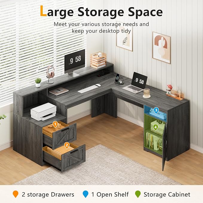 63" Farmhouse L Shaped Desk with Drawers & Printer Shelf for Home Office | Corner Computer Desk with Storage, Power Outlets, L Shaped Office Desk with Monitor Stand, Printer Shelf, Dark Gray