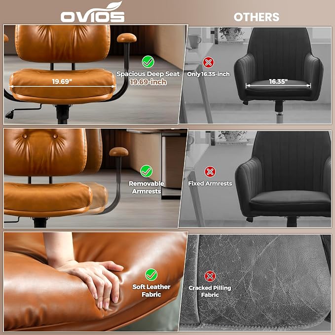 ovios Home Office Chair with Thick Cushion, Mid-Century Modern Faux Leather Ergonomic Chairs, Mid Back Swivel Rolling Computer Executive Armchair (Brown, PU Leather)