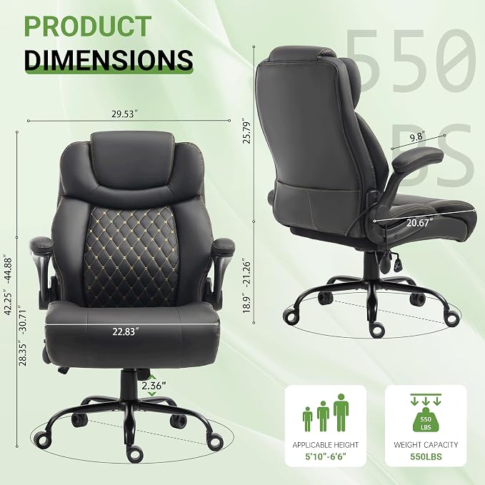 Office Chair, Big and Tall Executive Chair with Air-Lumbar Support, Breathable Desk Computer Chair with Adjustable Flip-up Armrests, Wide Cushion Seat Swivel Home Office Chair