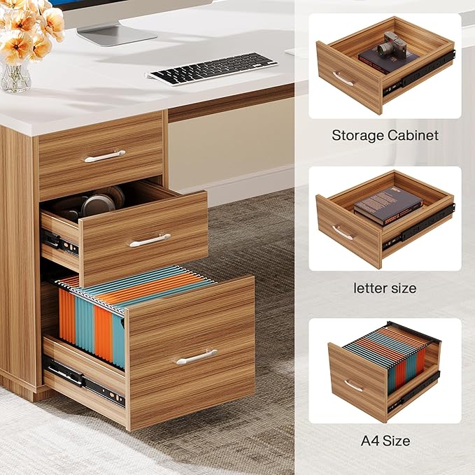 Tribesigns 85.8-Inch L-Shaped Executive Desk, Extra Large Modern Office Desk with File Drawers, Door Cabinet & Shelves, Commercial Office Table, Home Business Workstation, White & Brown