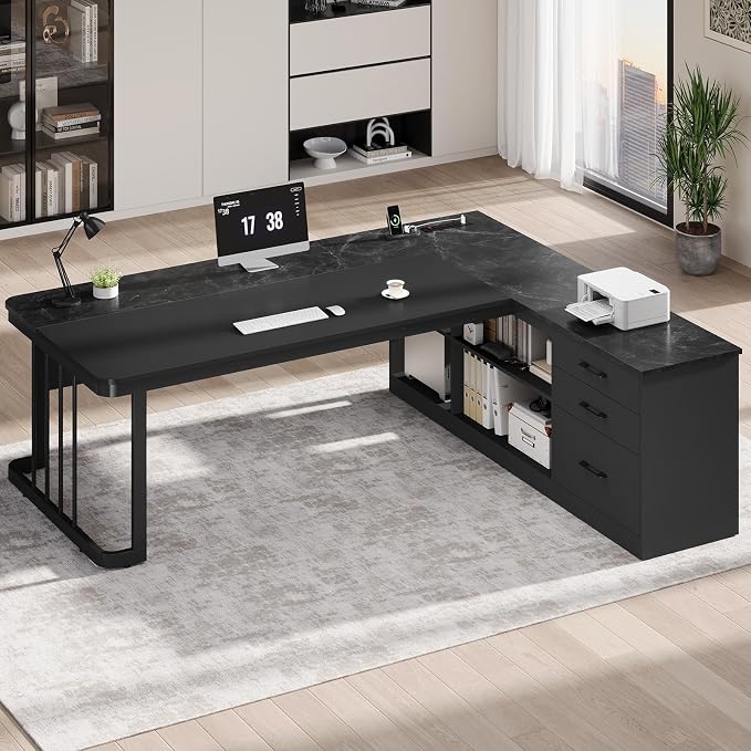 71" Executive Desk, Large Office Desk with Drawers & Storage Shelves, Modern L Shaped Computer Desk Corner Desk with Power Outlets, File Cabinet, Business Furniture Desk Workstation (Black)