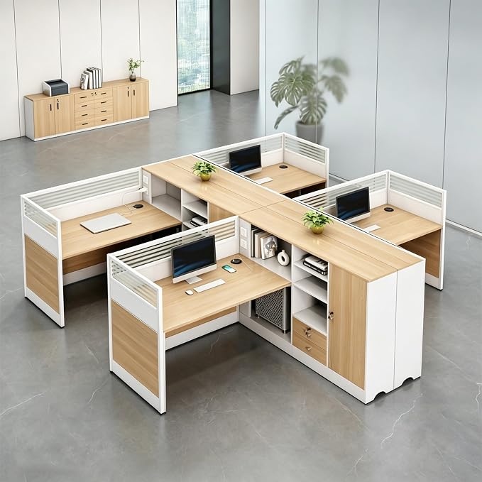 Modern Office Workstation Desk with Side Storage Cabinet, Tempered Glass Privacy Panels, USB Charging Hub & Cable Management, Modular Cubicle Desk for Office Work (D - Right, 4P-A)