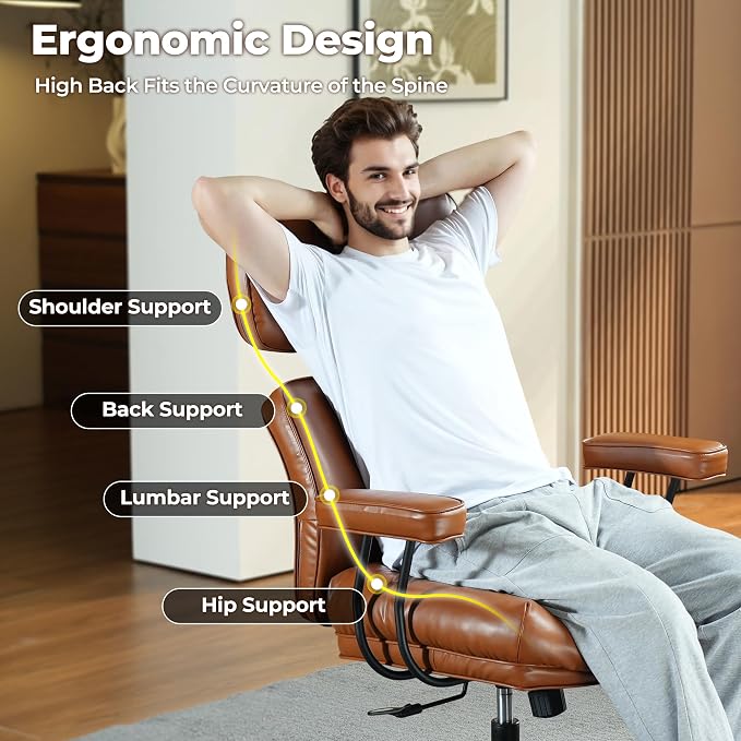 ovios Home Office Chair with Thick Cushion, Mid-Century Modern Faux Leather Ergonomic Chairs, High Back Swivel Rolling Computer Executive Armchair (Brown, PU Leather)