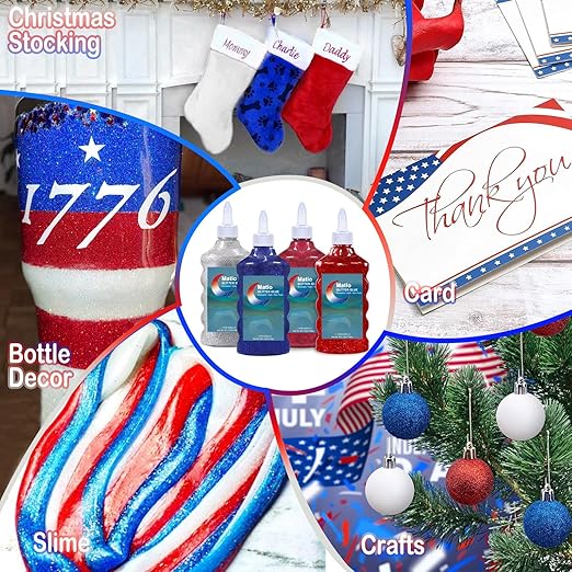 Matio Glitter Glue, 4 Pack Glitter Liquid Glue Non-Toxic Washable 6 FL OZ Each Bottle Assorted Color Glue Stick Red Blue Silver Wine Red Gel Pen for DIY Slime Craft,Painting Art,Christmas Decor Supply